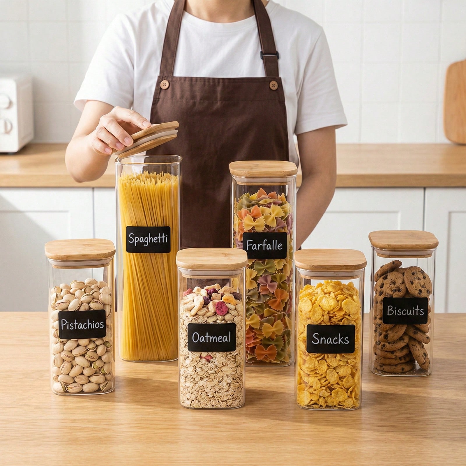 Food Storage Containers Glass - 6/12個入りガラス製食品保存容器（蓋付き）、小麦粉、砂糖、ベーキング用品、乾燥食品の保存に適した2種類の容量、キッチンパントリー整理用プラスチック容器、キッチンアクセサリー