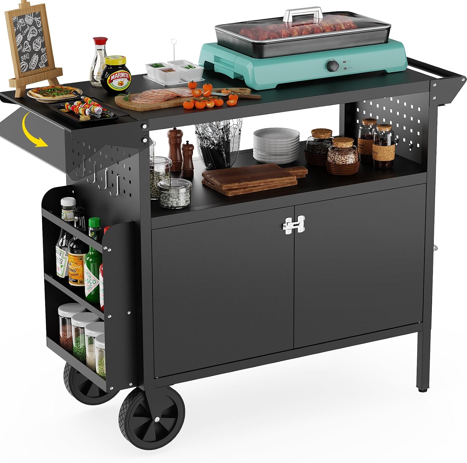 Food Storage Kitchen - 屋外グリルカートテーブル、収納付きキッチンアイランド、ホイール付き折りたたみ式テーブルトップ、バーベキュー用食品準備ステーション、頑丈な金属グリドルカウンタートップ、パティオやキャンプ用