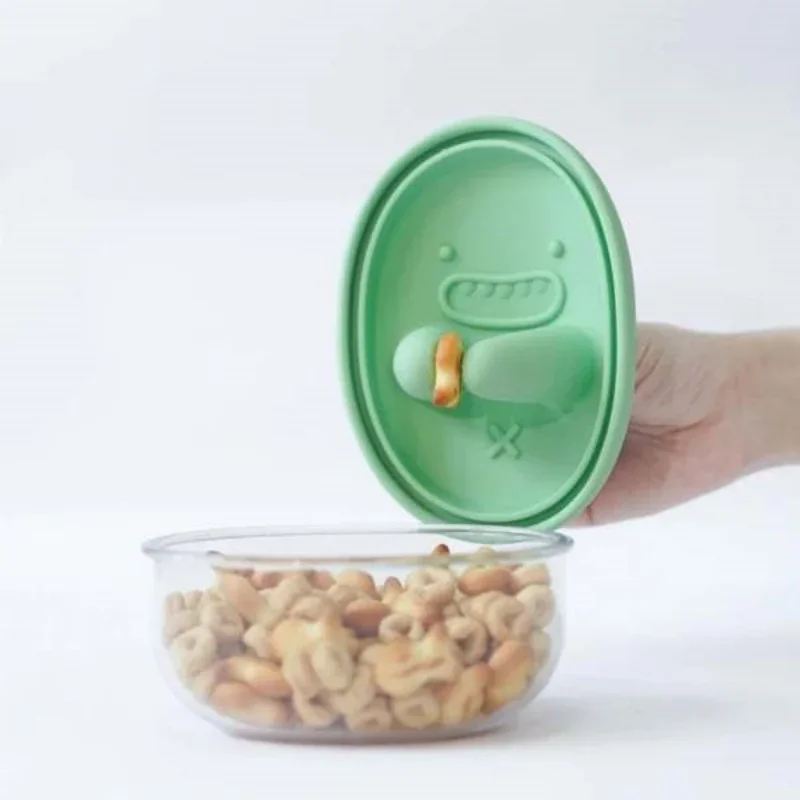 Food Storage Time - ハンズフリースナックボックス、クラムなし、スナック収納ボックス、漫画柄クッキーボックス、食品グレードのシリコン製密閉防湿ボックス