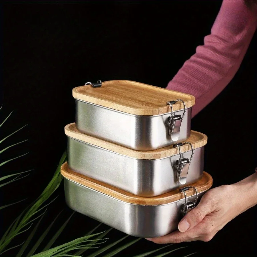 Food Storage Time - 新しい304ステンレス製竹製蓋付きランチボックス、和風蓋付き保存容器、ランチボックス、食品保存容器