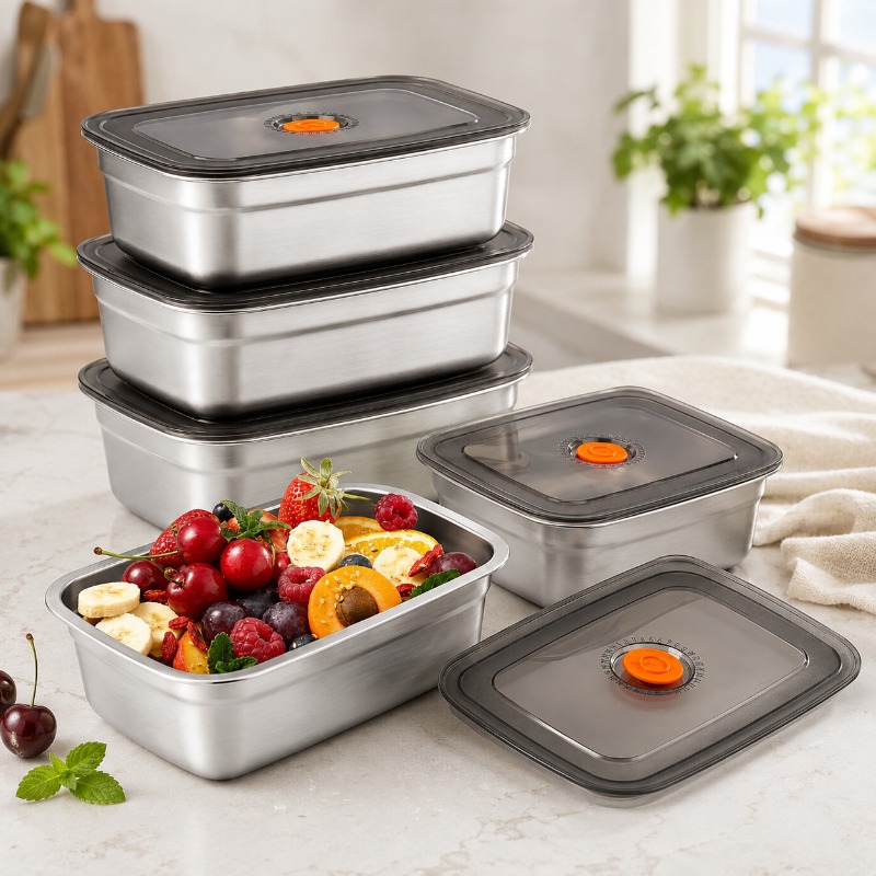 Food Storage Box Large - ステンレス製大容量弁当箱 密閉型漏れ防止ランチボックス キャンプ用冷蔵庫冷凍庫食品保存用