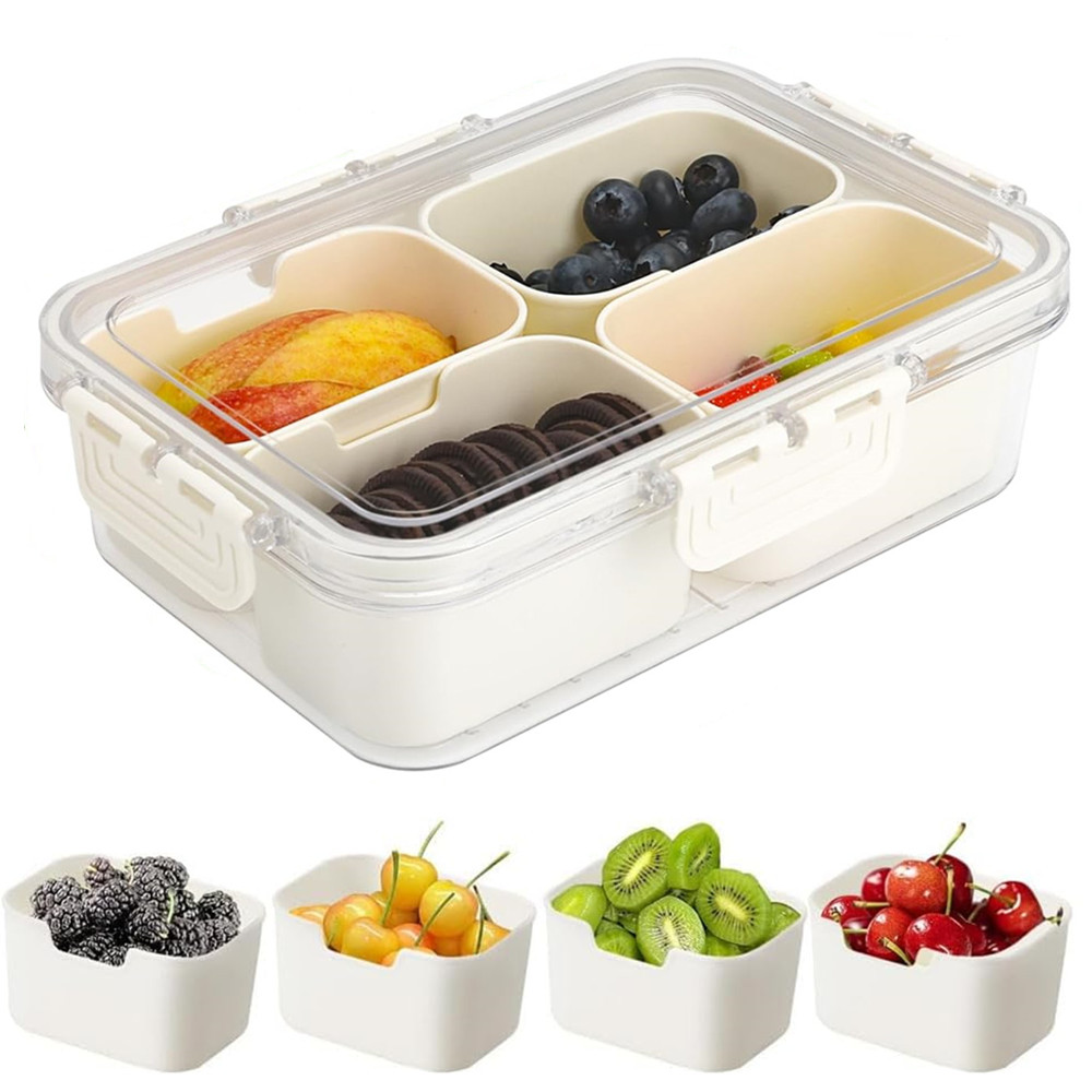 Food Storage Time - ポータブル食品保存箱、スナック収納ボックス、蓋付き4つのコンパートメント、独立したサービングトレイ、キッチン用スナックボックス、フルーツフードコンテナ
