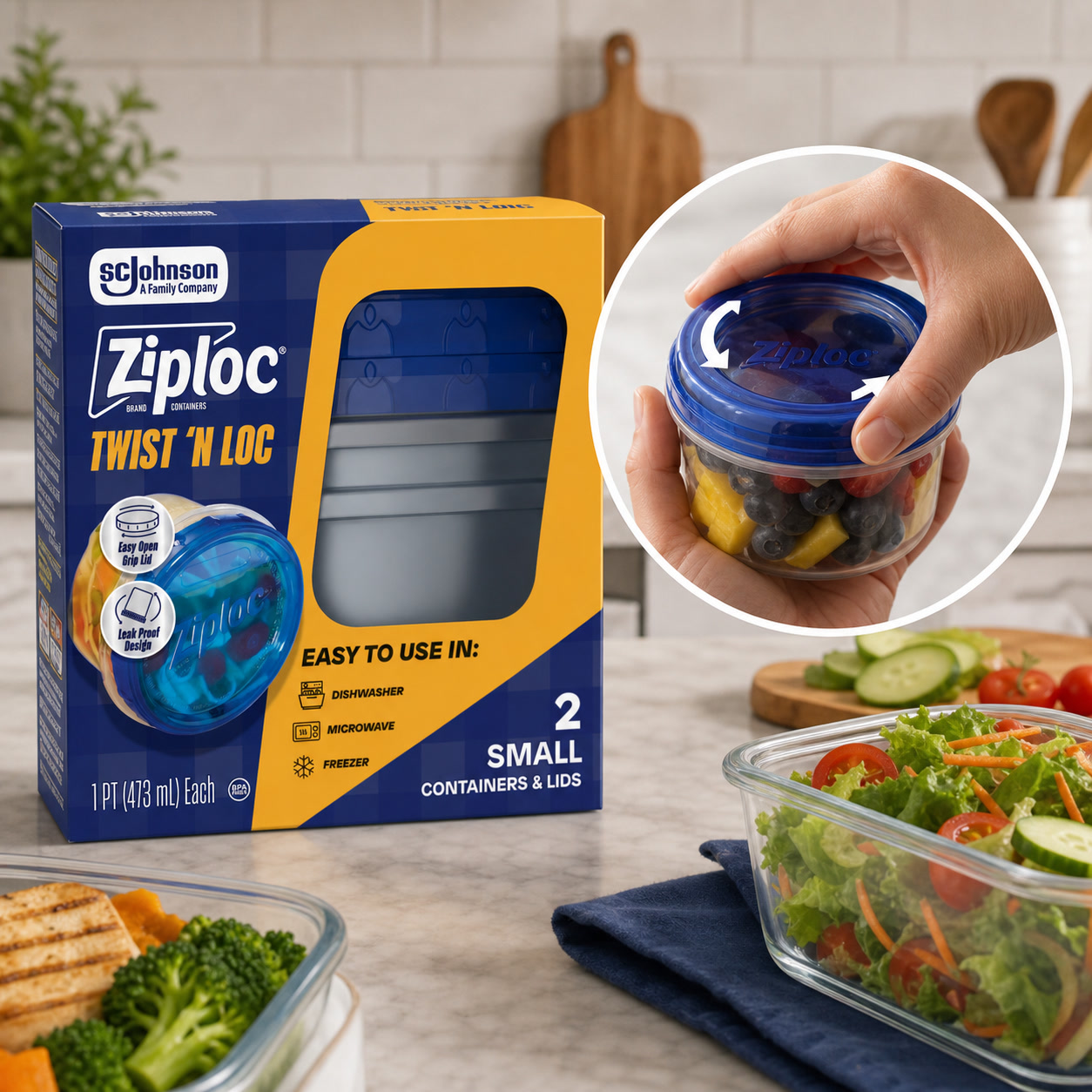 Food Storage Prep Containers - 2ct小型ツイストロック食品保存容器、漏れ防止プラスチック製ランチミールプレップボウル（キッチン用）