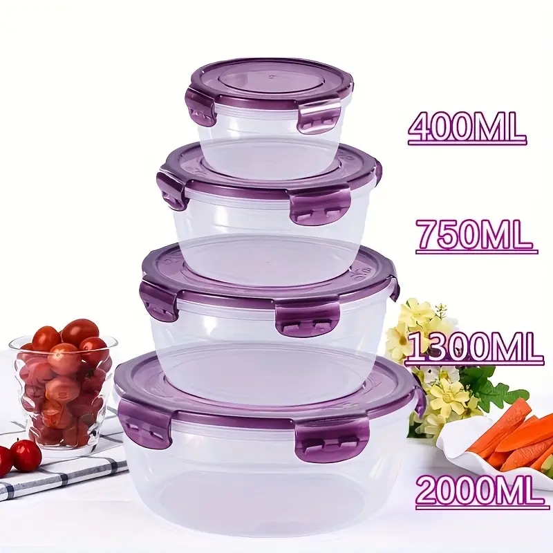 Food Storage Time - 4つのプラスチック製食品保存容器、ランチボックス、食堂、キャンプ、ピクニック、食事前の準備に適した容器