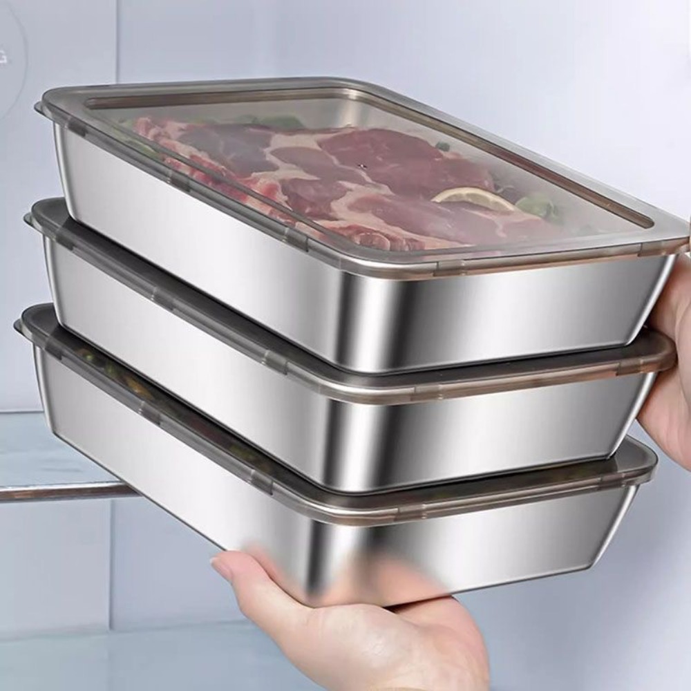 Food Storage Time - 食品グレードのステンレス製サービングトレイ（蓋付き）、多目的な正方形収納容器、密閉型キッチンフードパン（カバー付き）