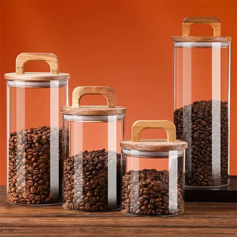 Food Storage Containers Glass - 透明なガラス瓶 竹蓋付き 密封キャニスター 食品保存容器 ルースティー コーヒー豆