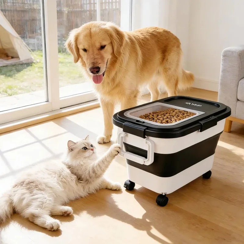 Food Storage Pet - 犬用フード保存容器 20～25ポンド、気密ペットフードビン、ロック式蓋付き、折りたたみ式、キャスター付き収納容器