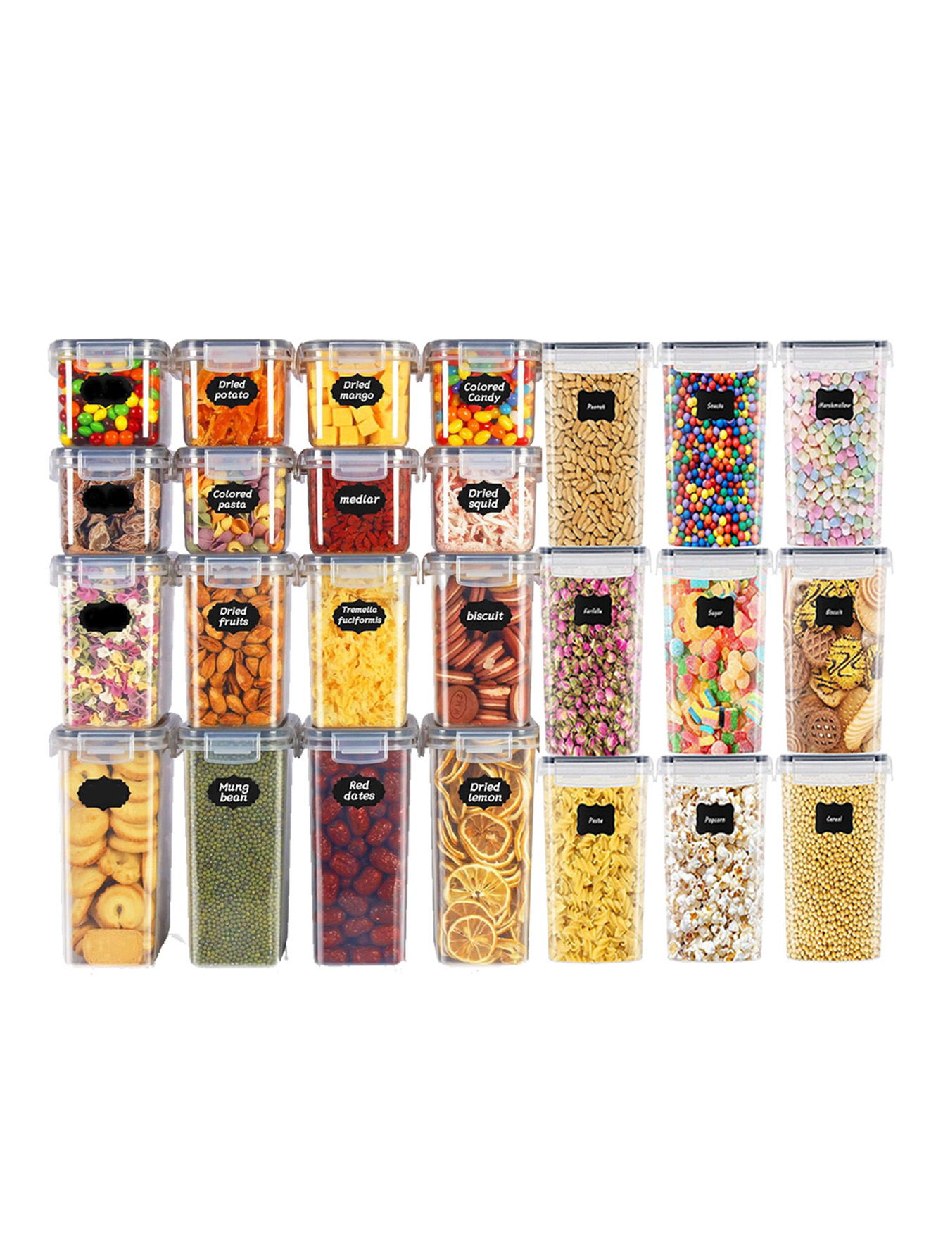 Food Storage Time - 48個入り、蓋付き密封食品保存容器、プラスチック製キッチンパントリー、乳糖、穀物、小麦粉、砂糖用の乾物保存瓶、ラベル付き