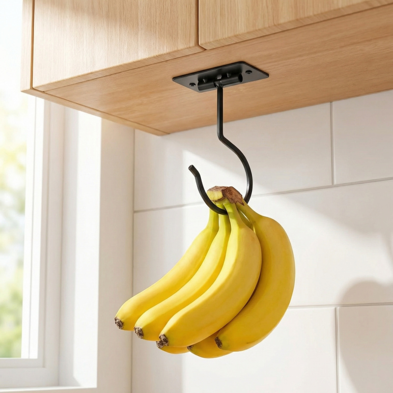 Food Storage Kitchen - ブラックメタル製粘着式バナナフック折りたたみ式収納ラック省スペースキッチンキャビネット食品オーガナイザー1～2個