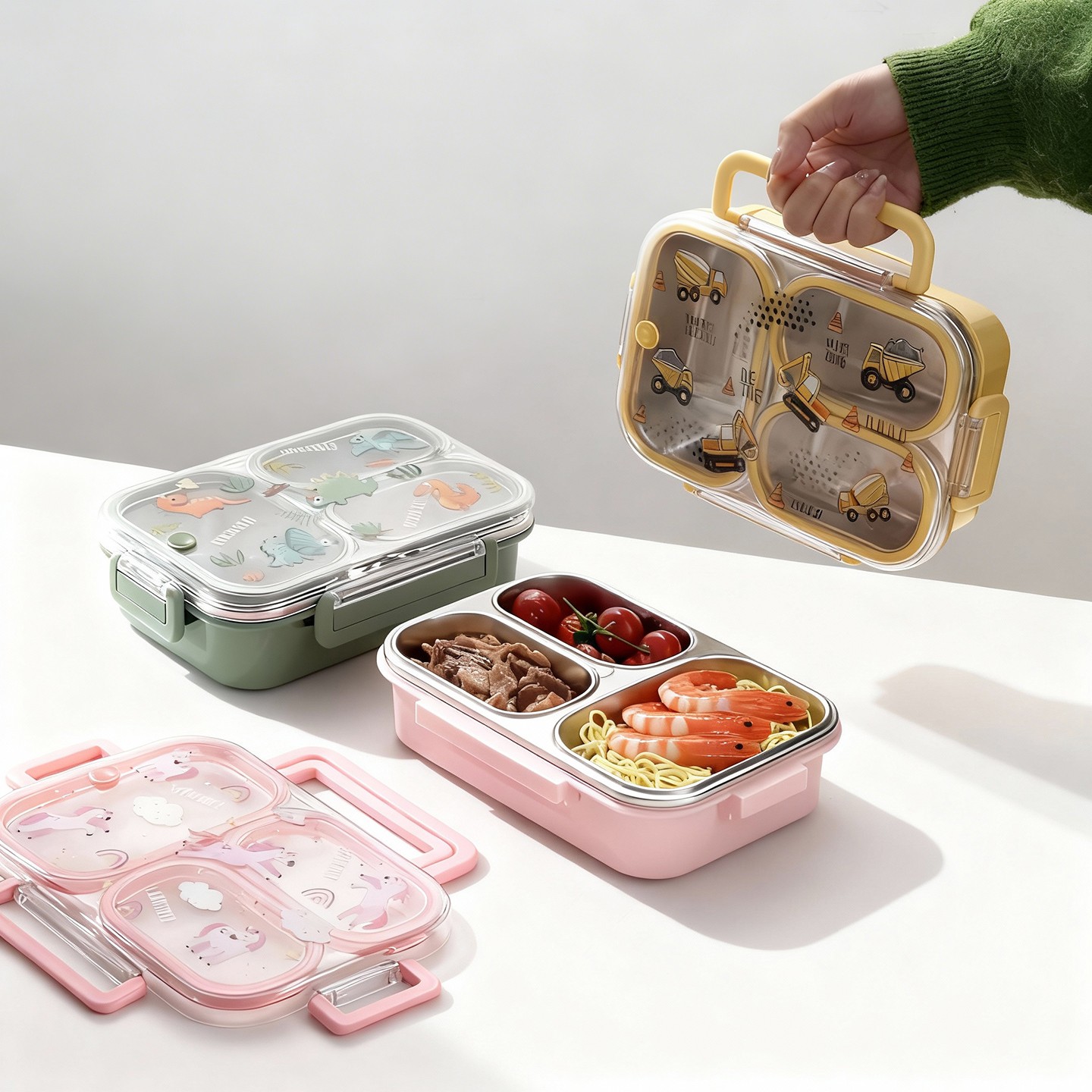 Food Storage Box Large - 大容量漫画柄子供用ランチボックス、ハンドル付き、持ち運び可能、漏れ防止、304ステンレス鋼製、仕切り付き食品容器、加熱可能
