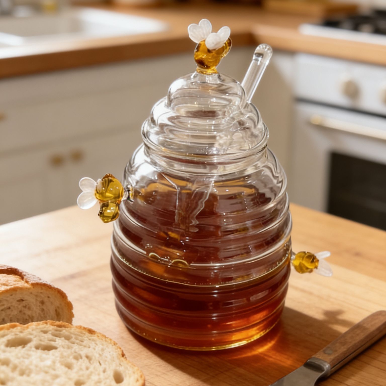 ガラス製ハニーポット、ディッパーと蓋付き、かわいい蜂の装飾が - Food Storage Containers Glass のレビューと価格