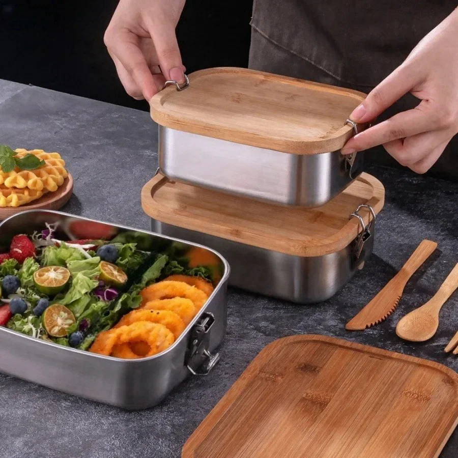 新しい304ステンレス製竹製蓋付きランチボックス、和風蓋付き - Food Storage Time のレビューと価格